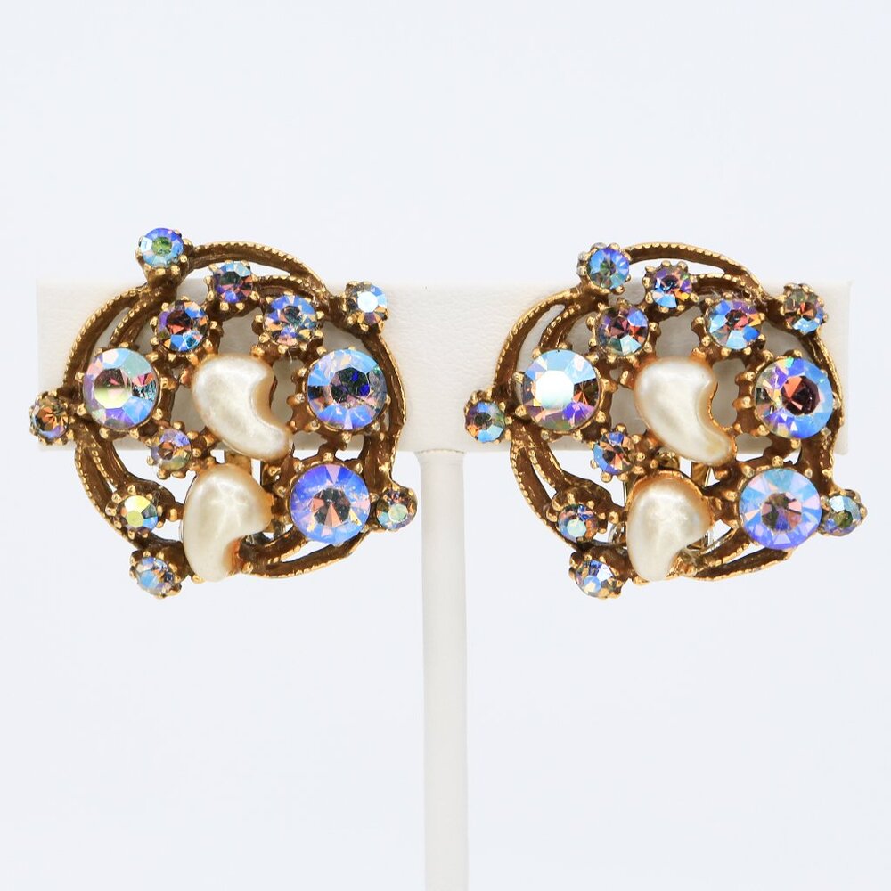 Vintage Florenza Baby Tooth Pearl and‎ AB Rhinestone Clip-On Earrings 1960s